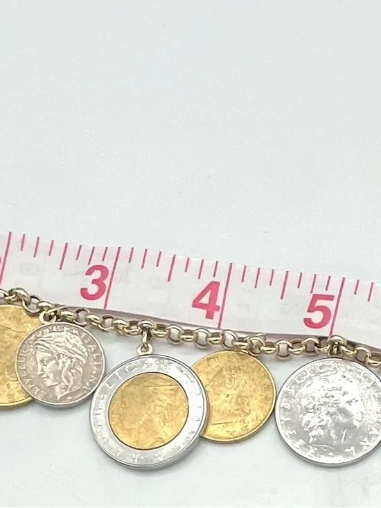 14K Italian Solid Yellow Gold Round Link 7” Lire / Lira Coin Charm Bracelet - Picture 7 of 8